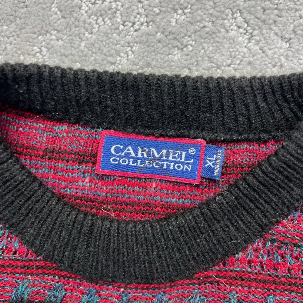 VINTAGE Carmel Collection Sweater Mens XL Red Black Geometric Knit Made in USA